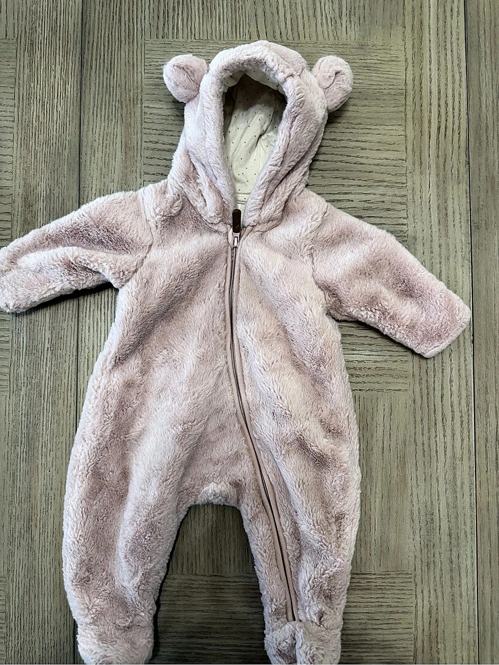 Gap Baby Faux Fur Bear Hooded One-Piece Pink Bear Hooded Footie